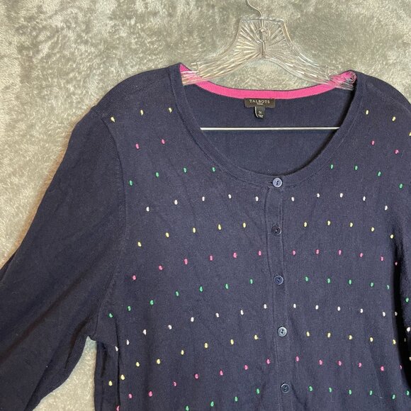 Talbots Women Colorful Clip Dot 3/4 Sleeve Lightweight Cardigan Sweater 1X Navy - Picture 3 of 9